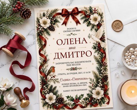 Традиционные пригласительные на свадьбу зимой с еловыми ветвями и красной лентой, Белый