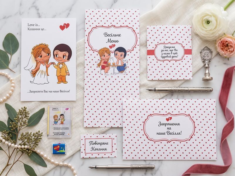 Оригінальні запрошення на весілля в стилі Love is з тематичними ілюстраціями, Золотий, 1