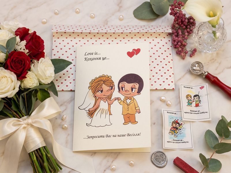 Оригінальні запрошення на весілля в стилі Love is з тематичними ілюстраціями, Золотий, 1