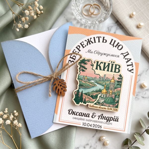 Дерев'яні запрошення на весілля магніти з індивідуальним дизайном (карти, силуети та природа), Коричневий
