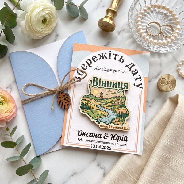 Дерев'яні запрошення на весілля магніти з індивідуальним дизайном (карти, силуети та природа), Коричневий