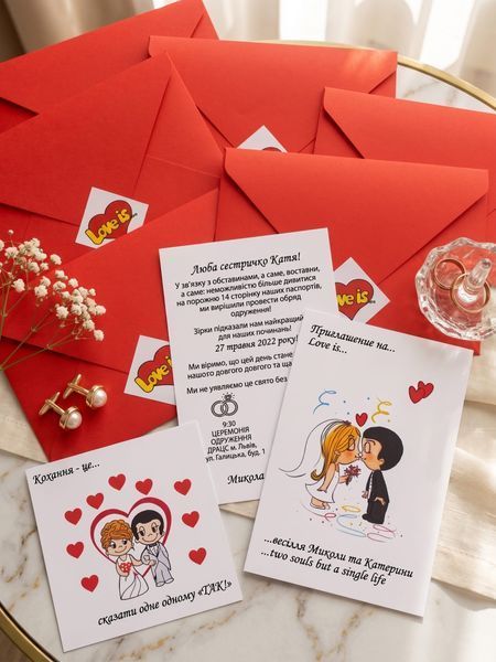 Милі запрошення на весілля в стилі Love is з ілюстрацією поцілунку, Білий