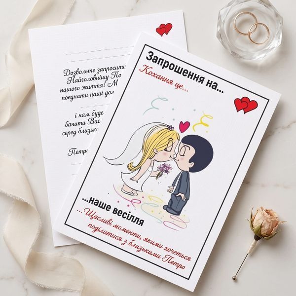 Милі запрошення на весілля в стилі Love is з ілюстрацією поцілунку, Білий