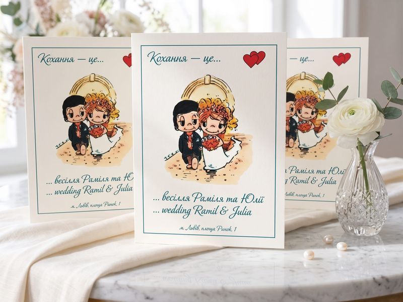 Ніжні запрошення на весілля в стилі Love is з аркою, Червоний, 1