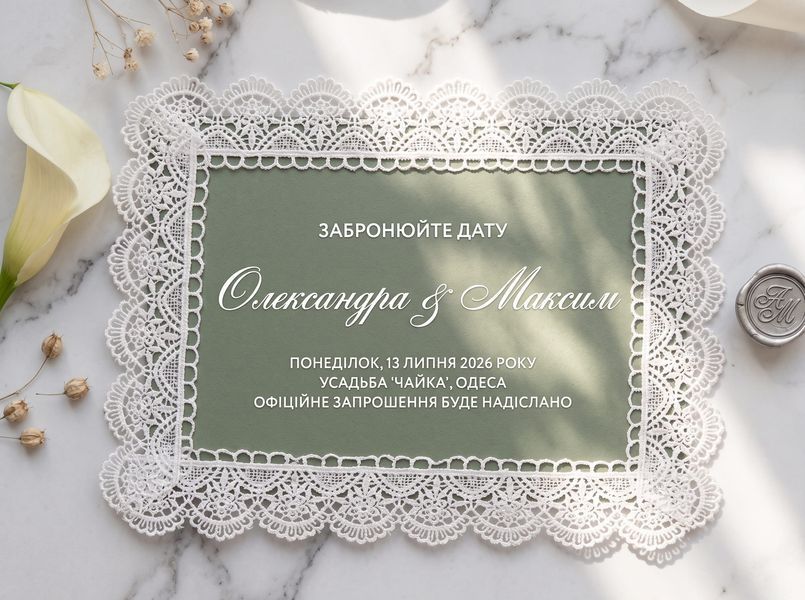 Оливковые пригласительные на свадьбу с кружевом в формате Save the Date, Зелёный
