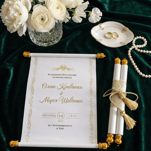 Роскошные пригласительные на свадьбу в виде свитка с золотыми кистями и черным футляром, Золотой