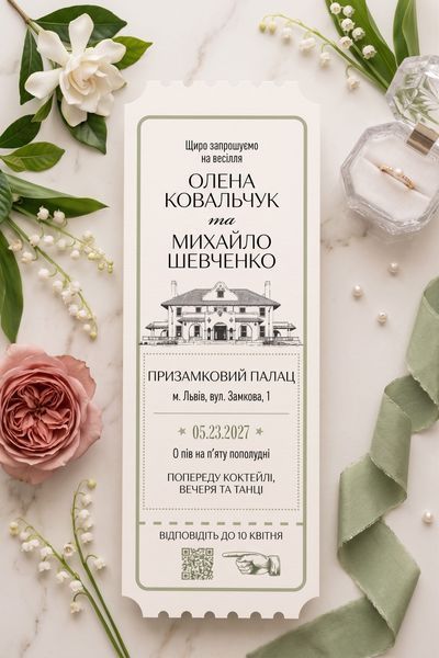 Вертикальні запрошення квиток на весілля з авторськими ілюстраціями у вінтажному стилі, Різнокольоровий