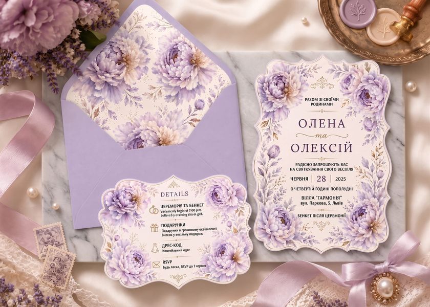 Розкішні запрошення на весілля у лавандовому кольорі з фігурною висічкою та атласною стрічкою, Лавандовий