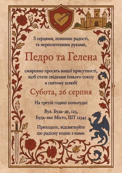 Вінтажні запрошення на весілля у середньовічному стилі з драконом та замком, Бежевий
