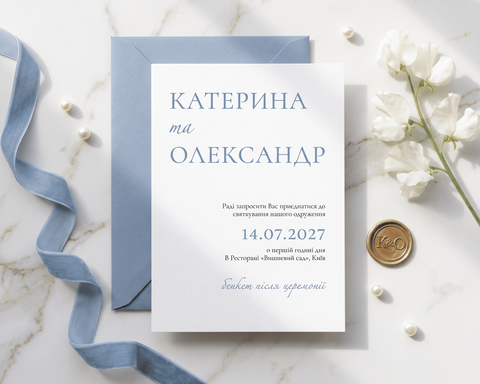 Лаконічні сині запрошення на весілля з класичною типографікою, Синій
