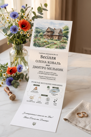 Пригласительные открытки на свадьбу с акварельной усадьбой и расписанием, Белый, Прямоугольник