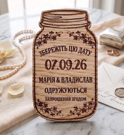 Дерев'яні весільні запрошення в стилі рустик у формі баночки (Save the Date), Коричневий