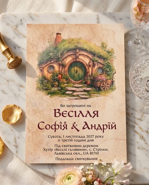 Тематичні осінні запрошення на весілля у стилі фентезі з казковим будиночком, Зелений