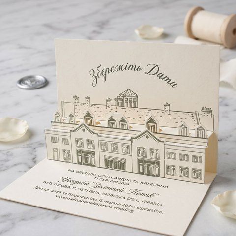 3D запрошення на весілля Save the Date з об'ємною архітектурною панорамою садиби, Бежевий