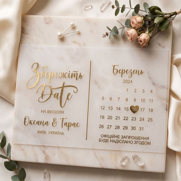 Прозорі запрошення на весілля з календарем та золотим шрифтом, Золотий