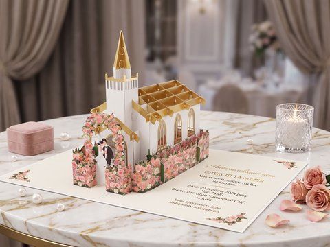 Елегантні 3D запрошення на весілля з об'ємною церквою та рожевою аркою, Білий