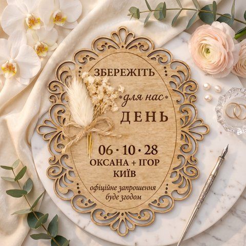 Ажурні дерев'яні запрошення на весілля магніти з лазерною різкою та сухоцвітами, Коричневий